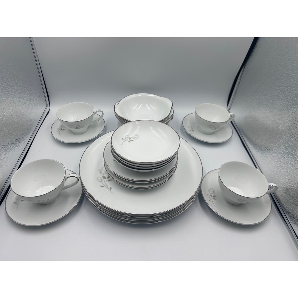 Noritake Altadena 6437 China Platinum Trim Grey Rose Japan 4 place dinner Set